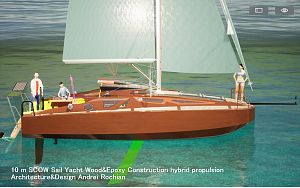 10 m SCOW Sail Yacht Wood&Epoxy Construction hybrid propulsion Architecture&Design Andrei Rochian